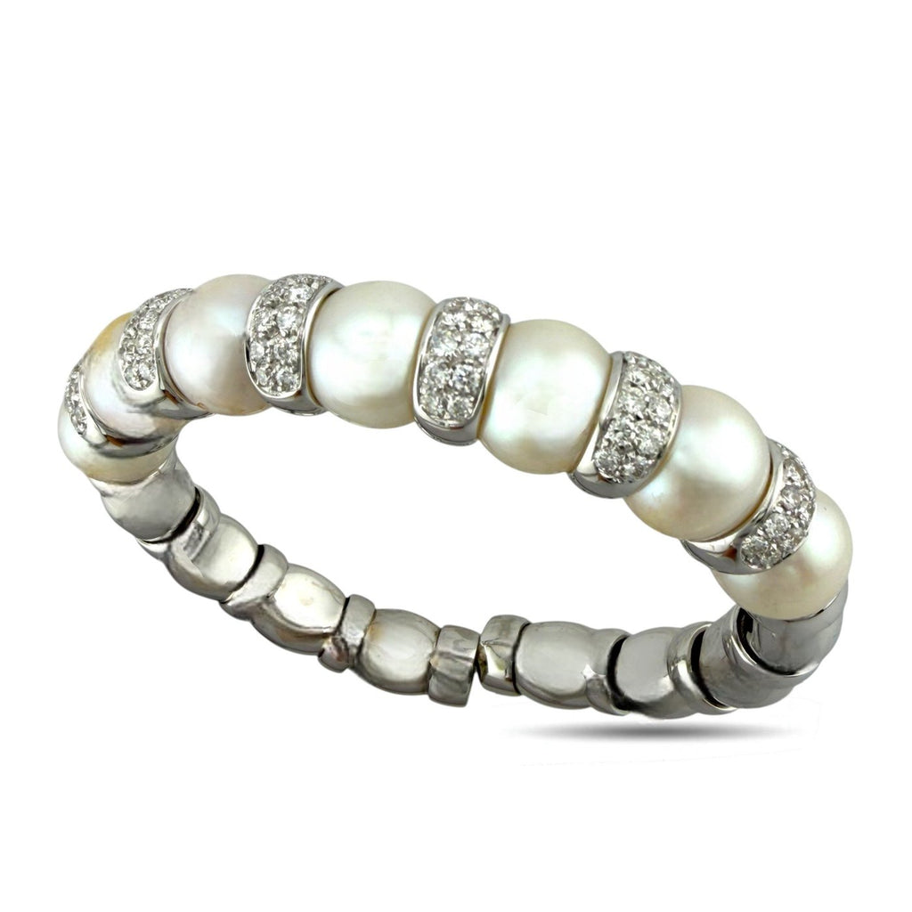 18K White Gold Italian 1.8ct Diamond and Natural Pearl Bracelet