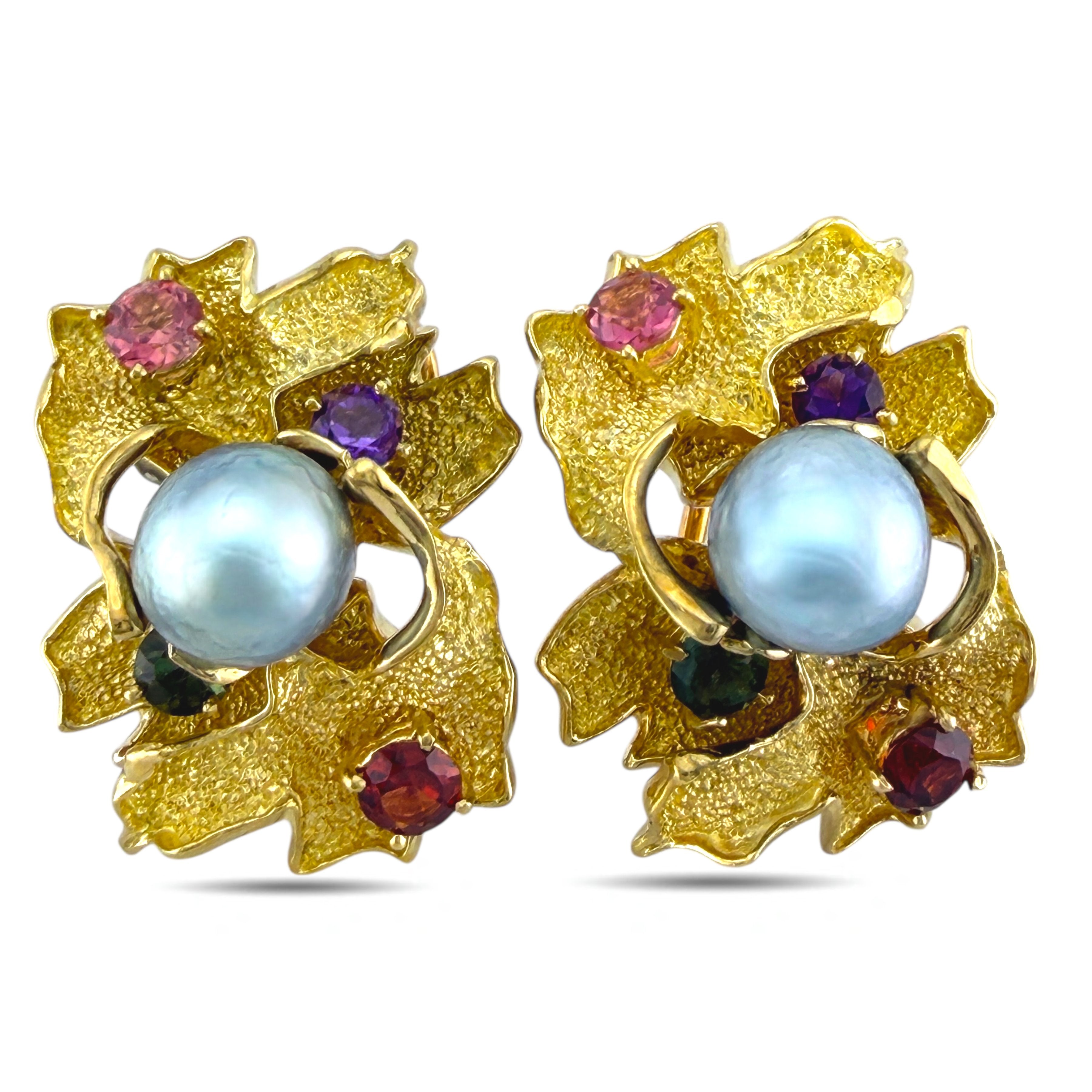 18K Yellow Gold Multi-Gemstone and Pearl Earrings