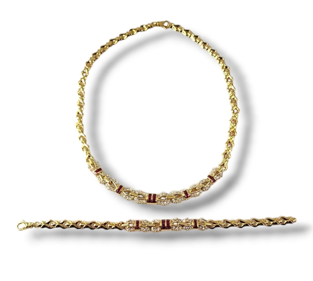 18K Gold Necklace and Bracelet Set with Diamonds and Rubies