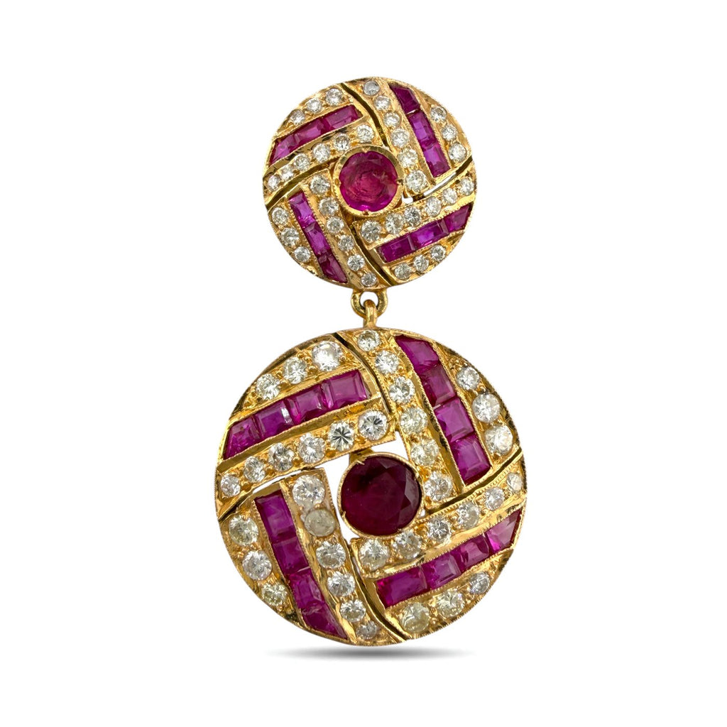 Gold ruby and diamond drop earring with round top and detailed circular purple stone frame