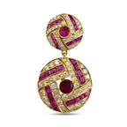 Gold ruby and diamond drop earring with round top and detailed circular purple stone frame