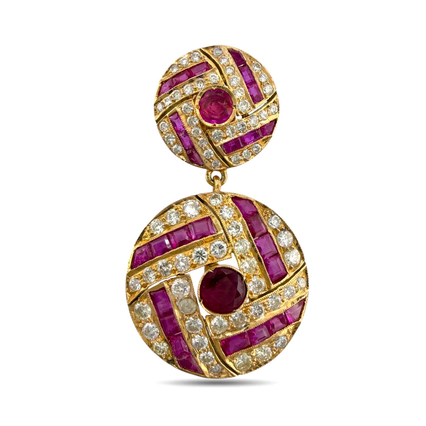 Gold ruby and diamond drop earring with round top and detailed circular purple stone frame
