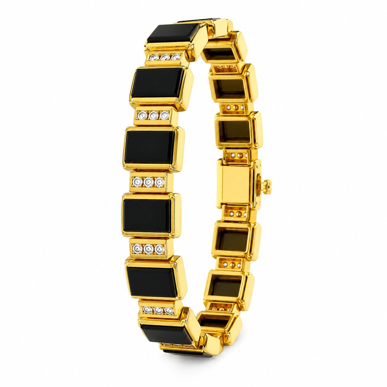Gold bracelet cuff with rectangular black onyx blocks and small diamond set borders