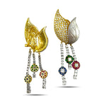 18K yellow gold floral dangle earrings with diamond, sapphire, emerald, and ruby accents
