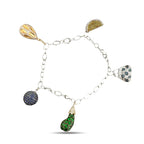 Three-tone gold charm bracelet with yellow, blue, and emerald green teardrop pendants