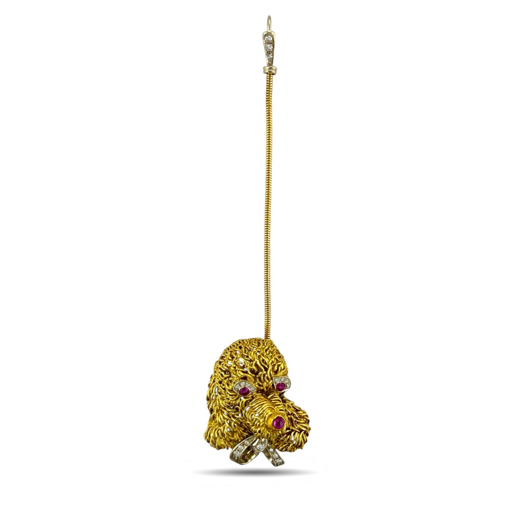 14K Yellow Gold 0.25ct Diamond and Ruby Dog Brooch Pendant
