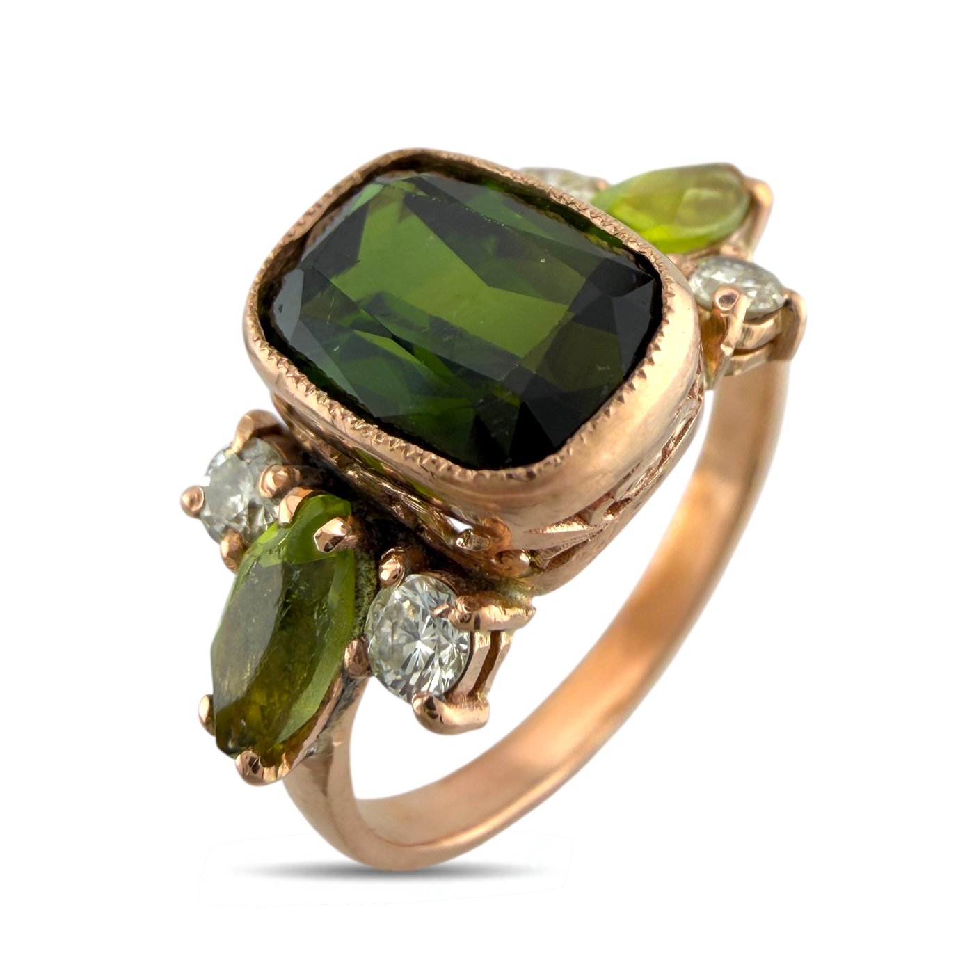 Imperial Russian 14K Rose Gold 2.15ct Peridot & 0.16ct Diamond Ring