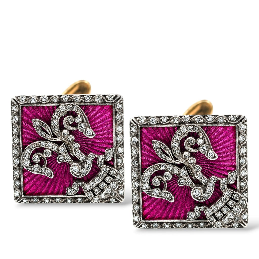 K.Faberge Imperial Russian 56 Yellow Gold Diamond & Pink Enamel Imperial Crown Cufflinks