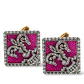 Square cufflinks with purple-pink enamel and crystal borders, gold posts