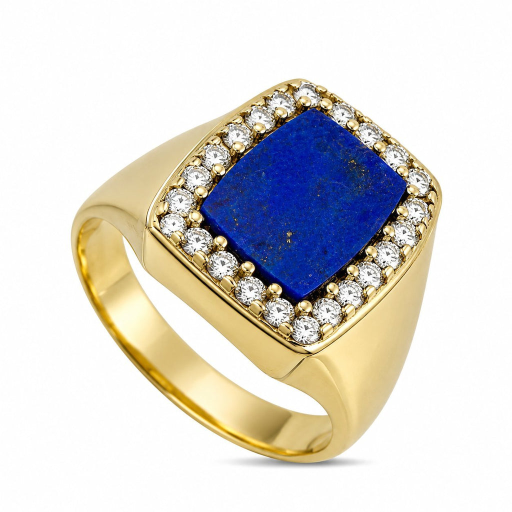 14K yellow gold ring with square lapis lazuli and diamond halo, unisex style