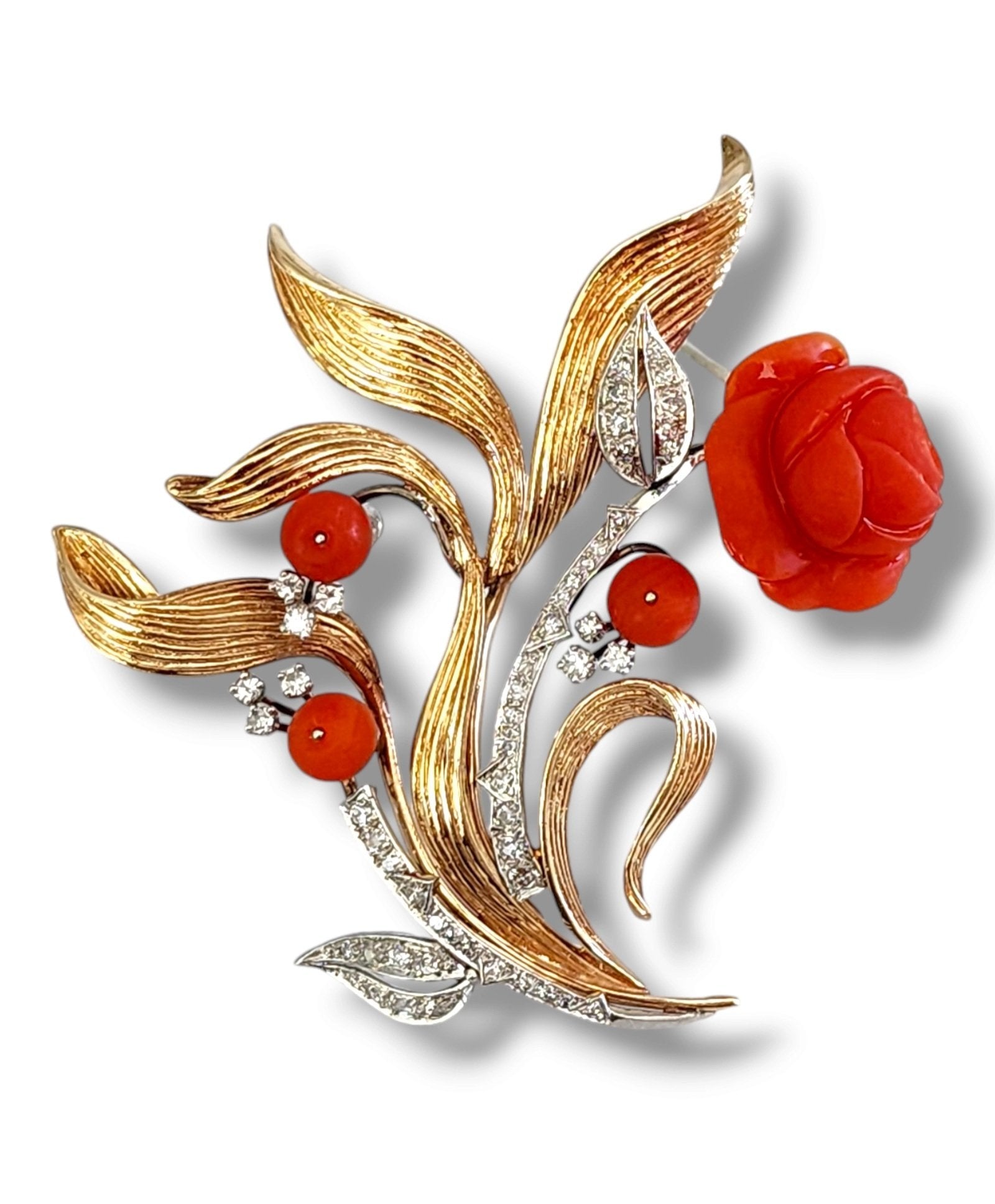 Brooch - 14 kt. Yellow gold, Lovely Rare  14k Gold &  Diamond Rose Flower  Brooch -  0.70ct. tw. Diamond (Natural)