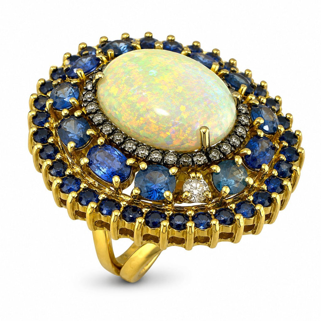 18K Yellow Gold 3.60ct Sapphire 0.91ct Diamond and 5.00ct Opal Cocktail Ring
