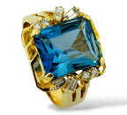 14K Yellow Gold Emerald Cut Blue Topaz with 0.44ct Halo Diamond Cocktail Ring