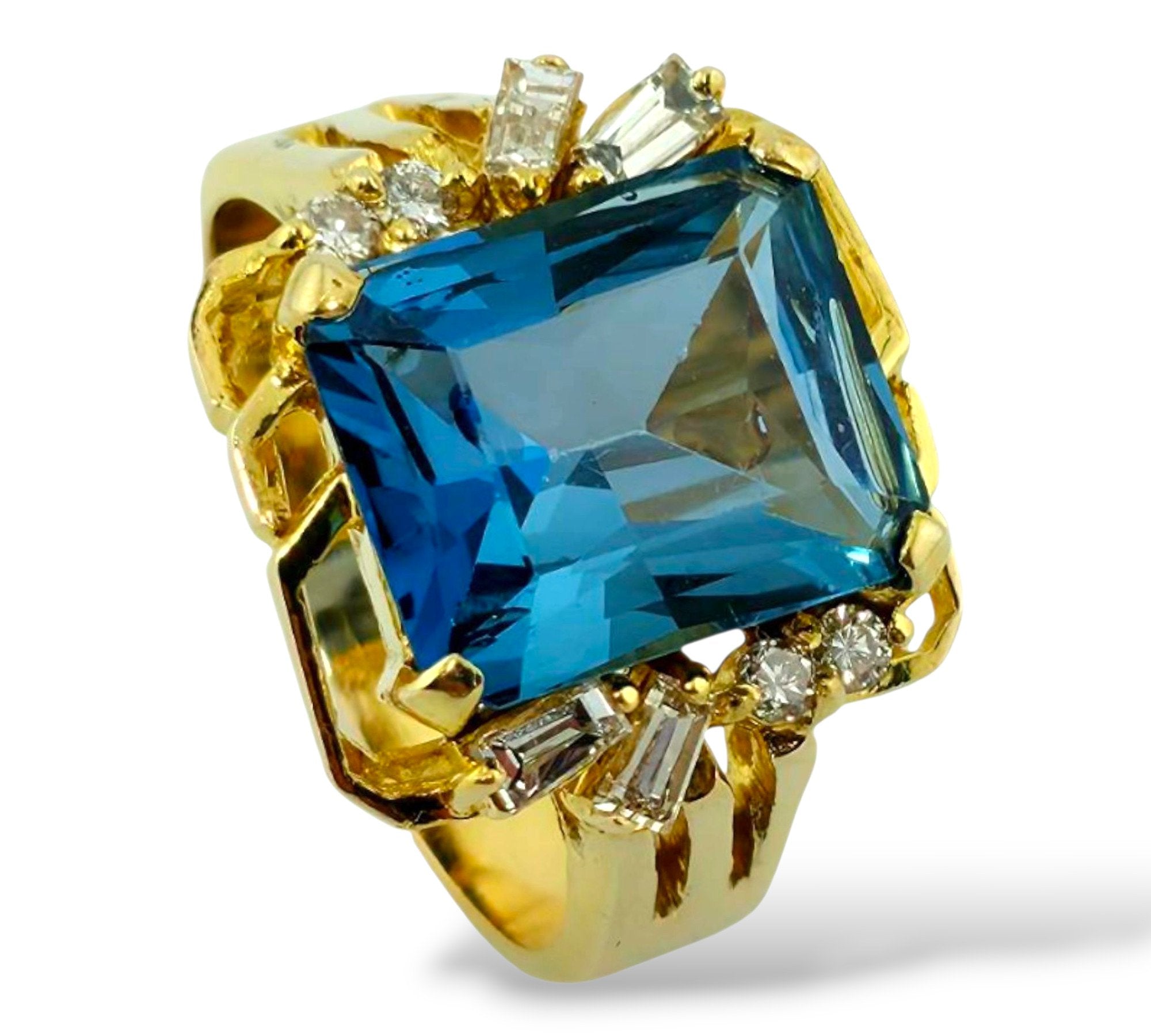14K Yellow Gold Emerald Cut Blue Topaz with 0.44ct Halo Diamond Cocktail Ring