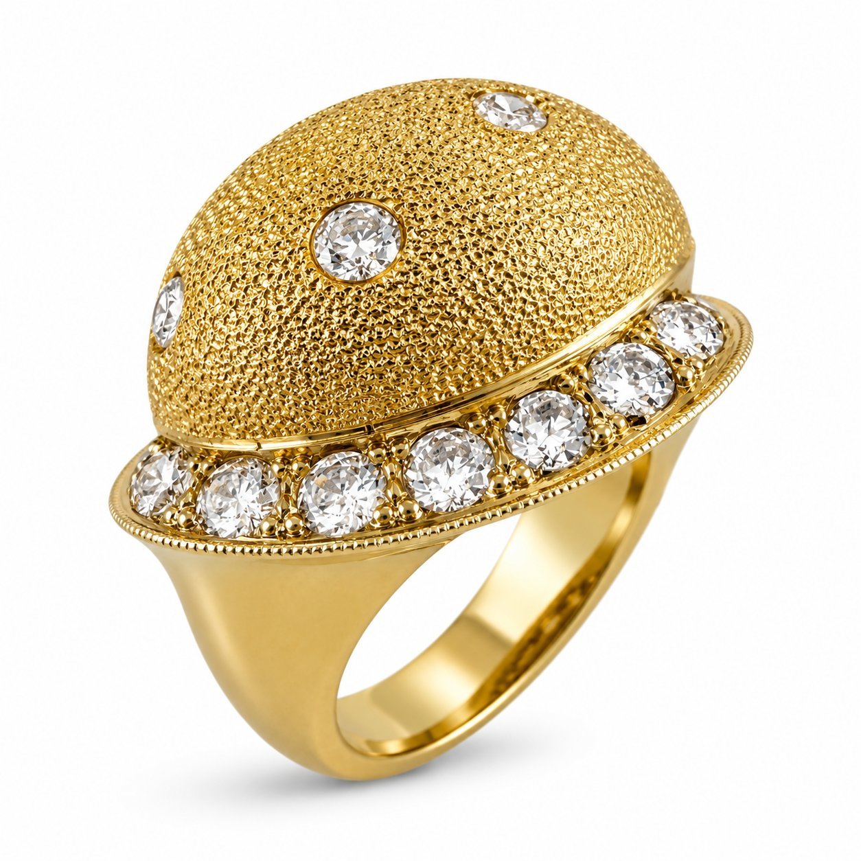 14K Yellow Gold Textured 1.20ct Diamond Dome Ring