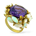 18K yellow gold ring with oval amethyst, opal petals, and small diamond accents