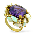 18K Yellow Gold 12.00ct Amethyst  0.20ct Diamond & Marquise Cut Opal Ring