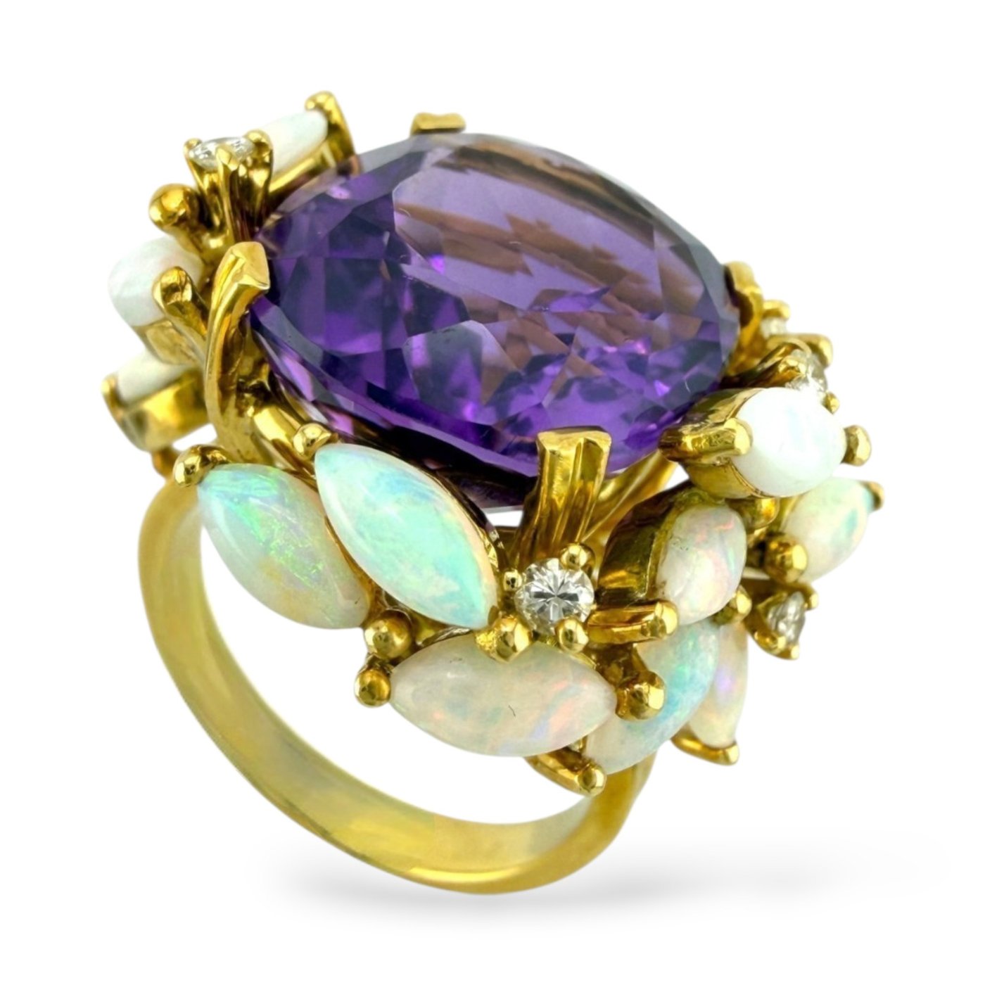 18K Yellow Gold 12.00ct Amethyst  0.20ct Diamond & Marquise Cut Opal Ring