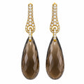 Pair of 18K yellow gold earrings with diamond-set tops and faceted smoky quartz teardrops