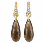 Pair of 18K yellow gold earrings with diamond-set tops and faceted smoky quartz teardrops