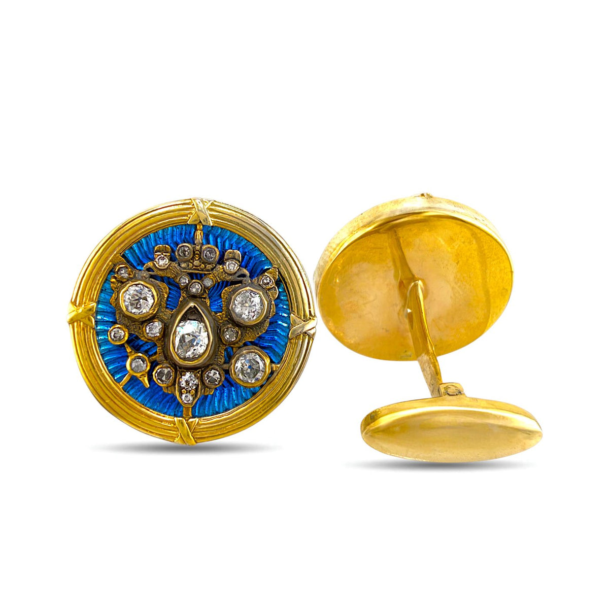 Round gold cufflink with blue enamel center and diamond-like stones, plus matching back