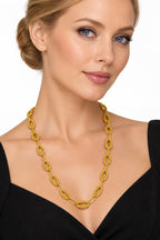 Gold oval-link long necklace worn on neck, textured links, oval clasp