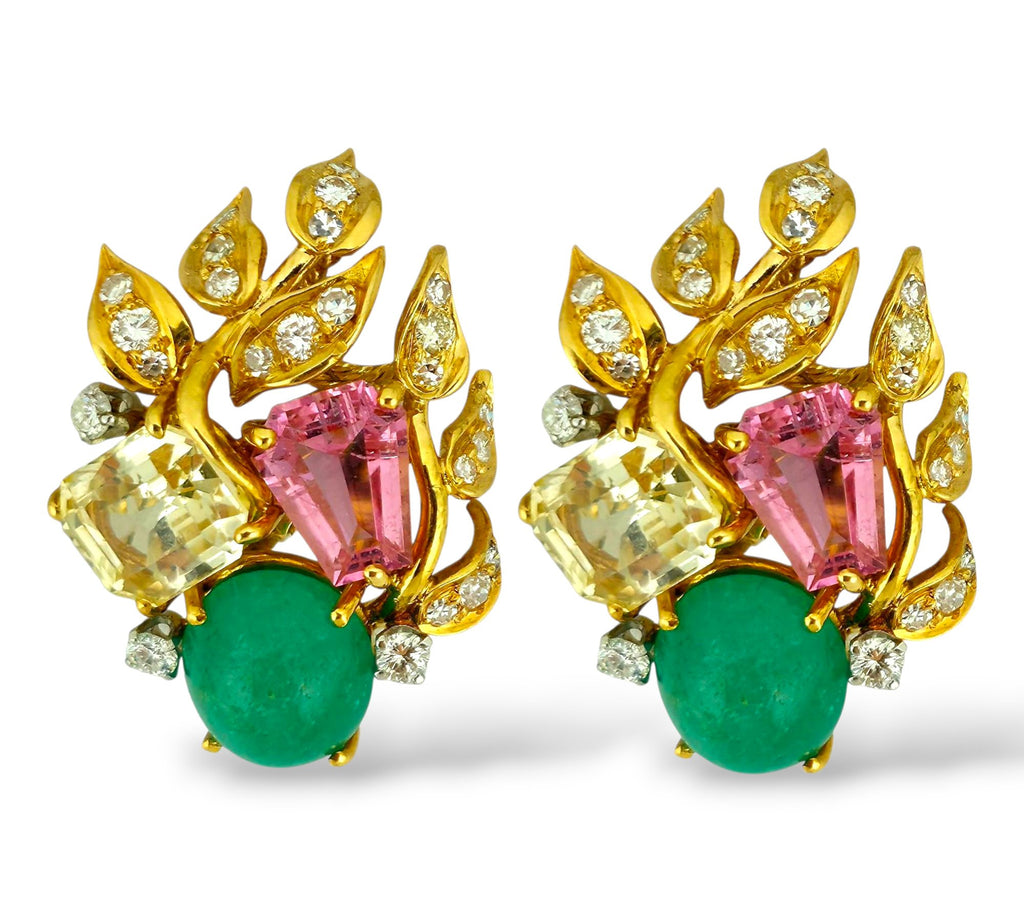 David Webb 18K Yellow Gold Emerald and Tourmaline Earrings 13.18ct