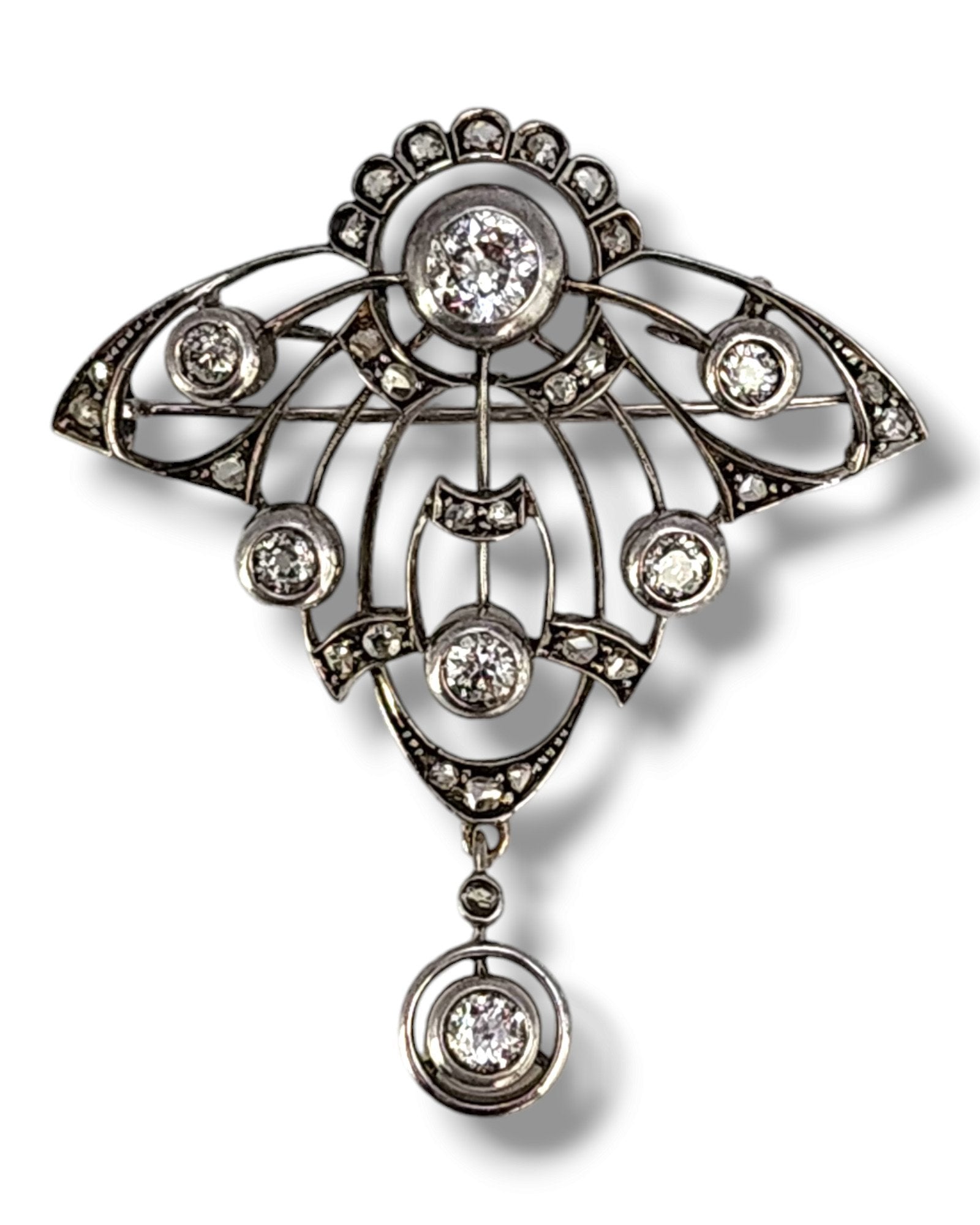 14 kt. White gold,  19th Century Antique Gold and Diamonds Women's Brooch, 2.56 Ct -  2.56ct. tw. Diamond