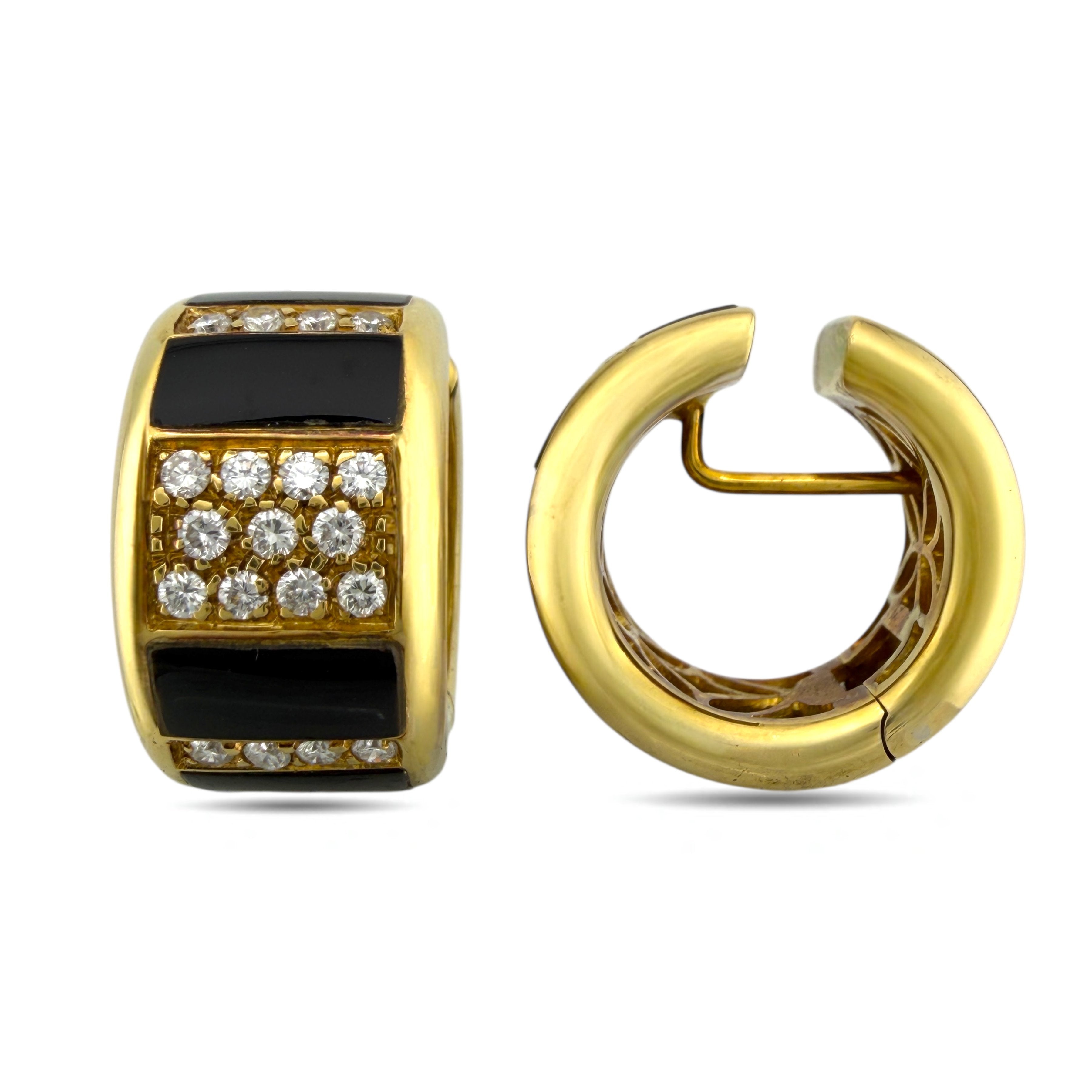18K Yellow Gold 0.76ct Diamond and Black Enamel Hinged Huggy Earrings