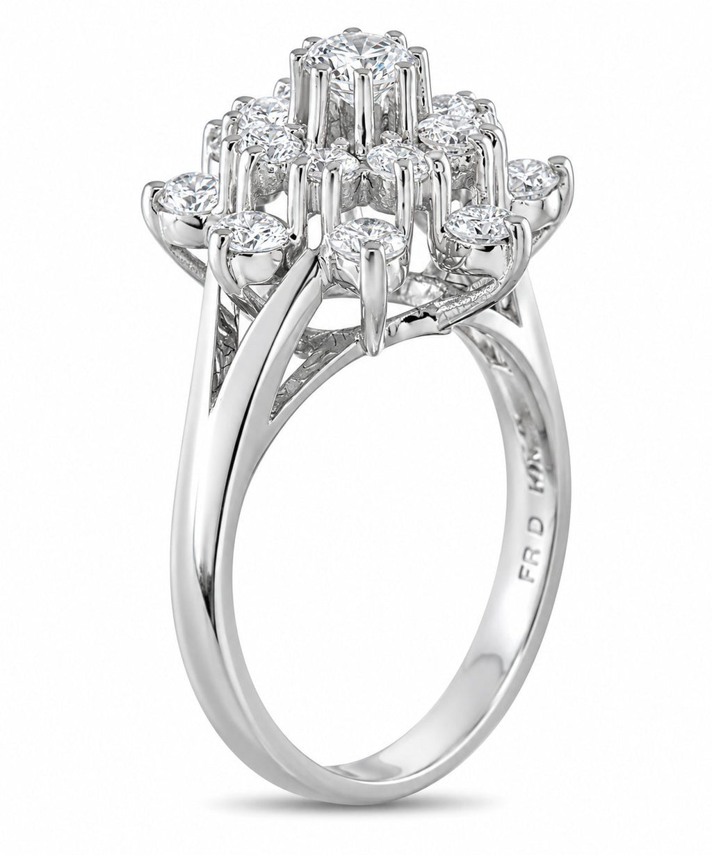 14K white gold diamond cluster ring with vertical center stones and round side diamonds