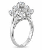 14K white gold diamond cluster ring with vertical center stones and round side diamonds