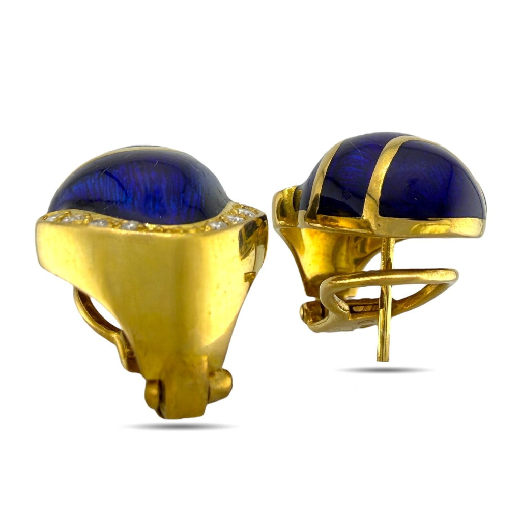 14K Yellow Gold Blue Enamel and 0.24ct Diamond Earrings