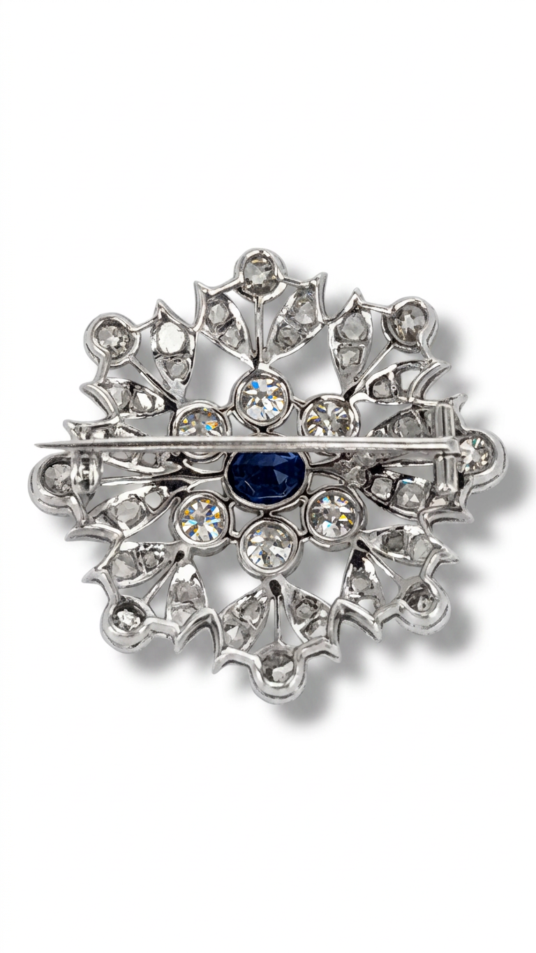 Snowflake Style 18K White Gold Brooch with Diamonds and Sapphire 6ct