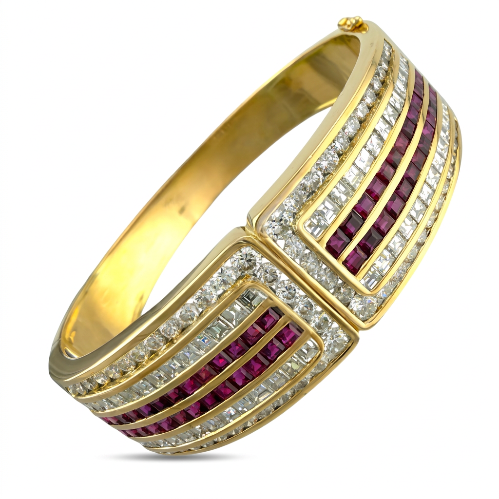 18K Yellow Gold 5.2ct Ruby and 7.02ct Diamond Hinged Bracelet