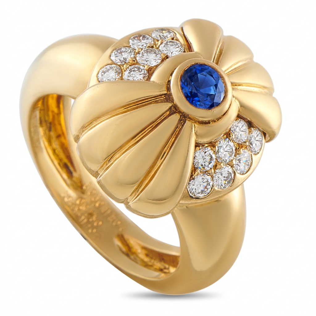 Boucheron 18K Yellow Gold 0.4ct Diamond and Sapphire Ring Circa 1970