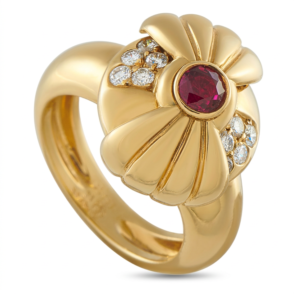Boucheron Vintage 18K Yellow Gold Diamond and Burma Ruby Ring