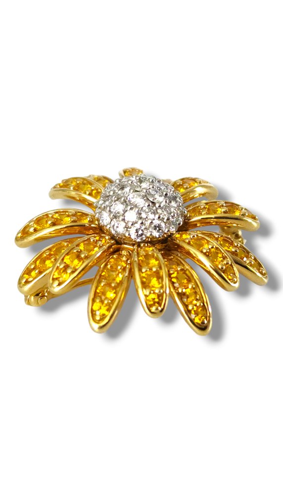 18K Yellow Gold & Platinum Flower Brooch with 1.5ct. Diamonds & Yellow Sapphires