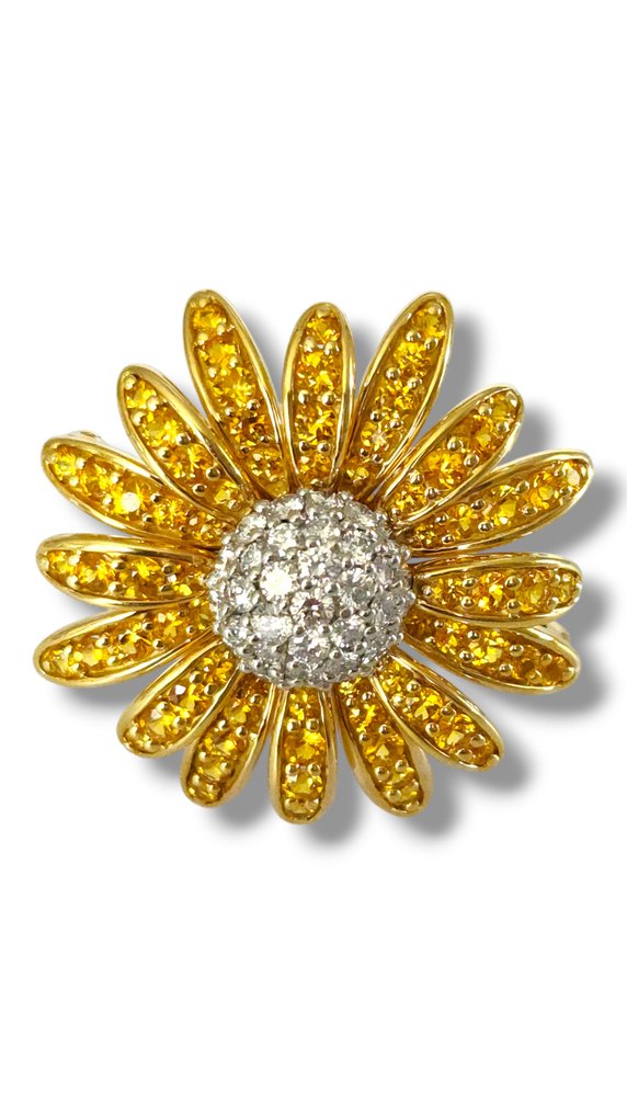 18K Yellow Gold & Platinum Flower Brooch with 1.5ct. Diamonds & Yellow Sapphires