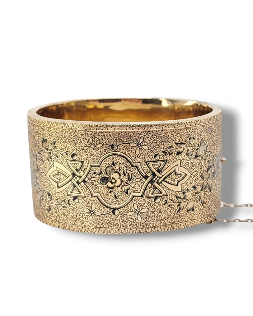 Antique Victorian 14K Gold and Enamel Engraved Bangle Bracelet