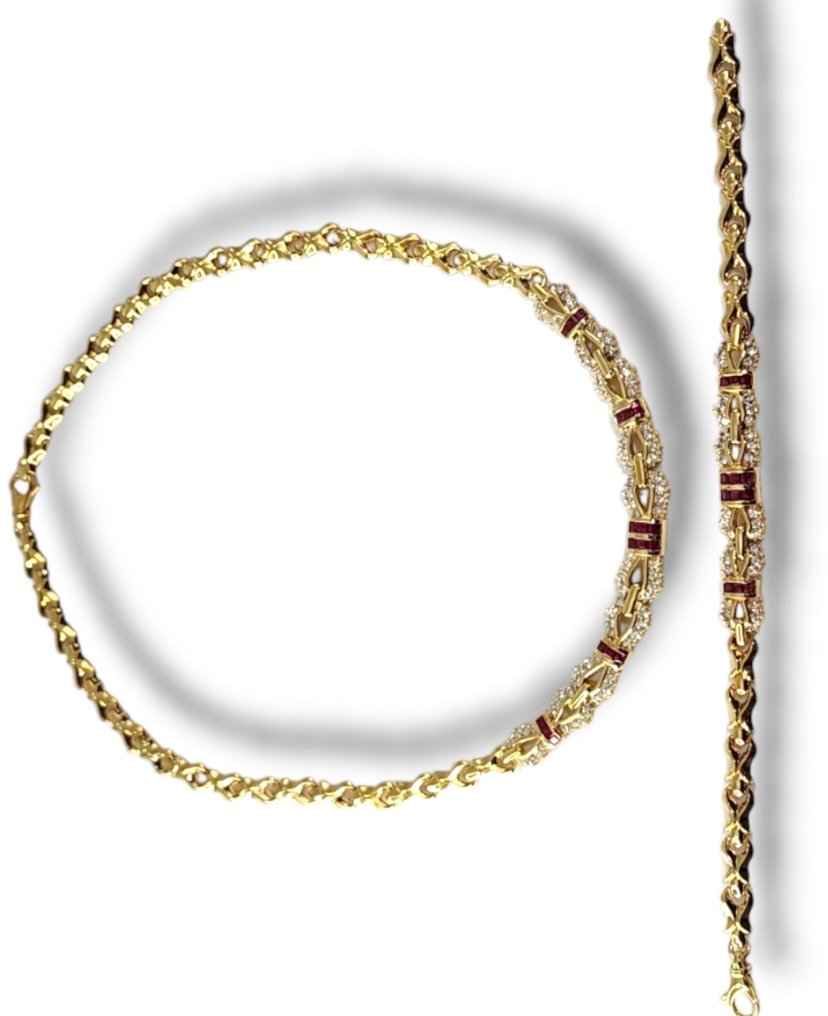 Necklace - 18 kt. Yellow gold, 18K Gold Necklace and Bracelet Set with Diamonds & Rubies 3.77 Carats - 6.18ct. tw. Diamond (Natural)