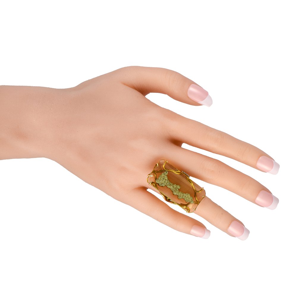 Ring - 18 kt. Yellow gold, 18K Yellow Gold 1.0ct Diamond and Lemon Quartz Ring - CASATO