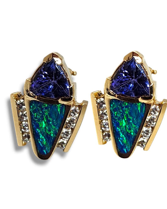 18K Gold Diamond & Opal Earrings with Trillion-Cut Tanzanite Studs