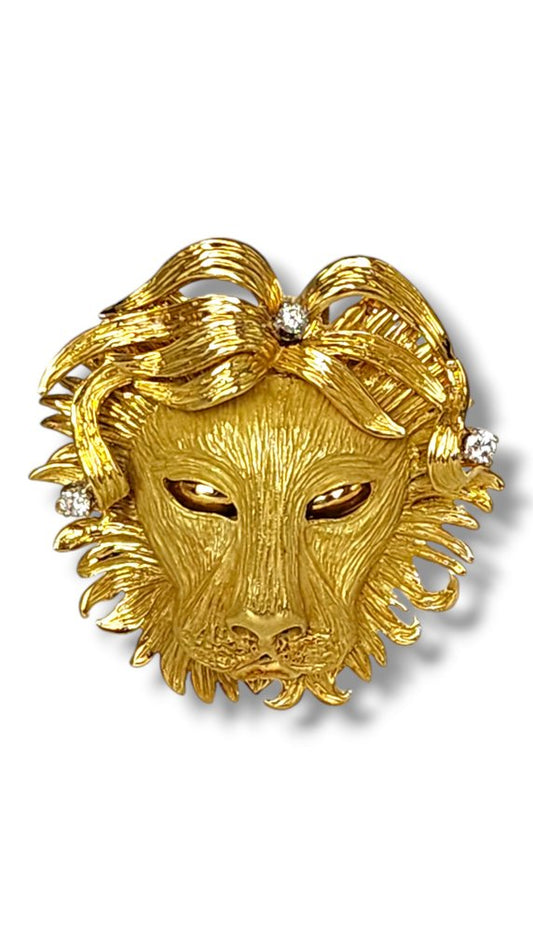Brooch - 18 kt. Yellow gold, Stunning 18k Gold & Diamond Lion Brooch Large, 37 Grams
