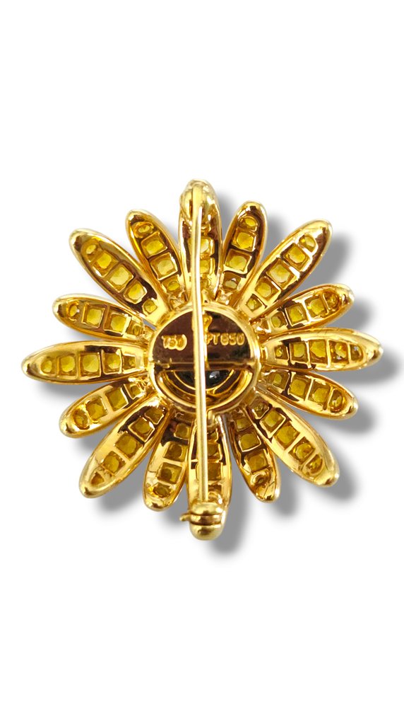 18K Yellow Gold & Platinum Flower Brooch with 1.5ct. Diamonds & Yellow Sapphires