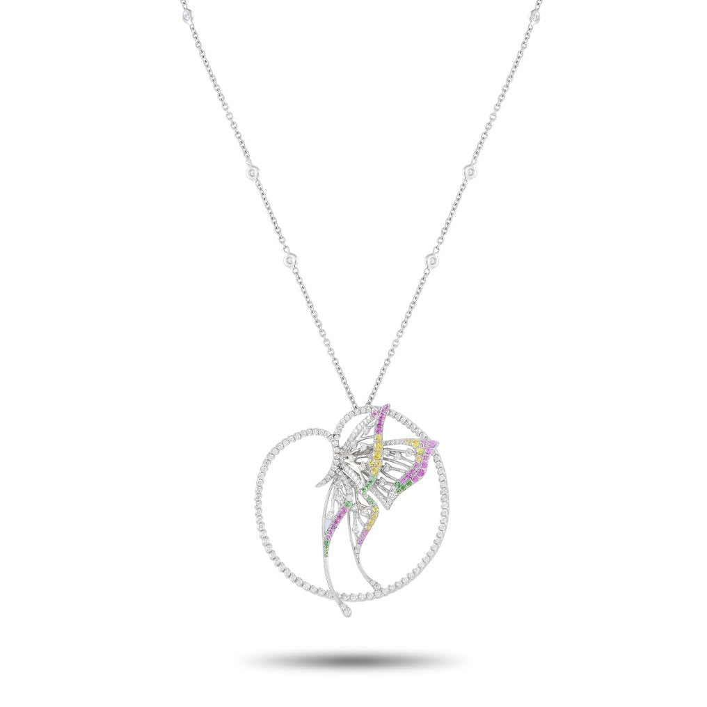 Bucherer - Necklace - 18 kt. Yellow gold, BUCHERER 18K White Gold 2.20ct Diamond, Sapphire and Tsavorite Butterfly Necklace - Ruby