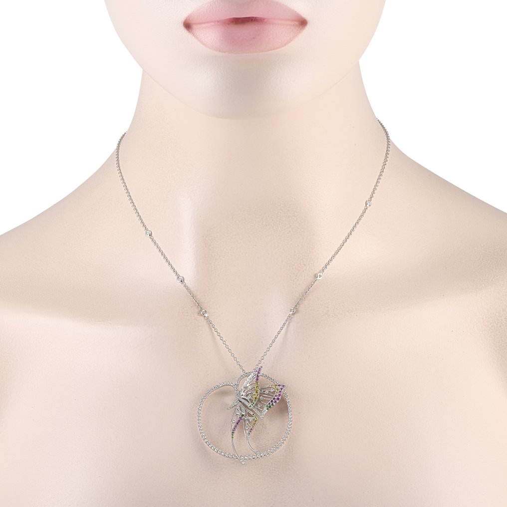 Bucherer - Necklace - 18 kt. Yellow gold, BUCHERER 18K White Gold 2.20ct Diamond, Sapphire and Tsavorite Butterfly Necklace - Ruby