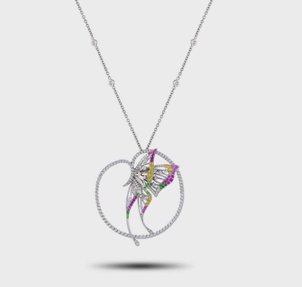 Bucherer - Necklace - 18 kt. Yellow gold, BUCHERER 18K White Gold 2.20ct Diamond, Sapphire and Tsavorite Butterfly Necklace - Ruby
