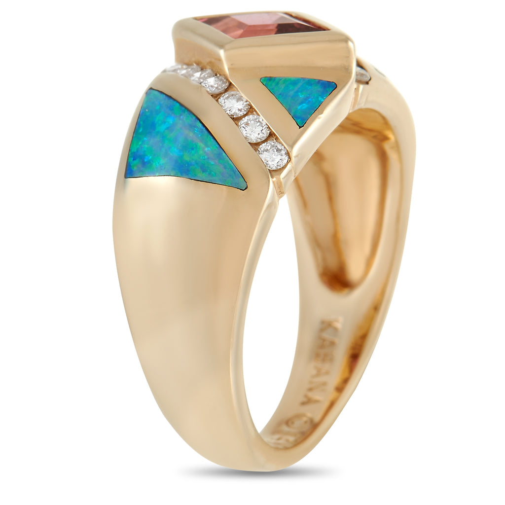 Kabana 14K Yellow Gold 0.21 ct Diamond, Tourmaline and Inlaid Opal Ring