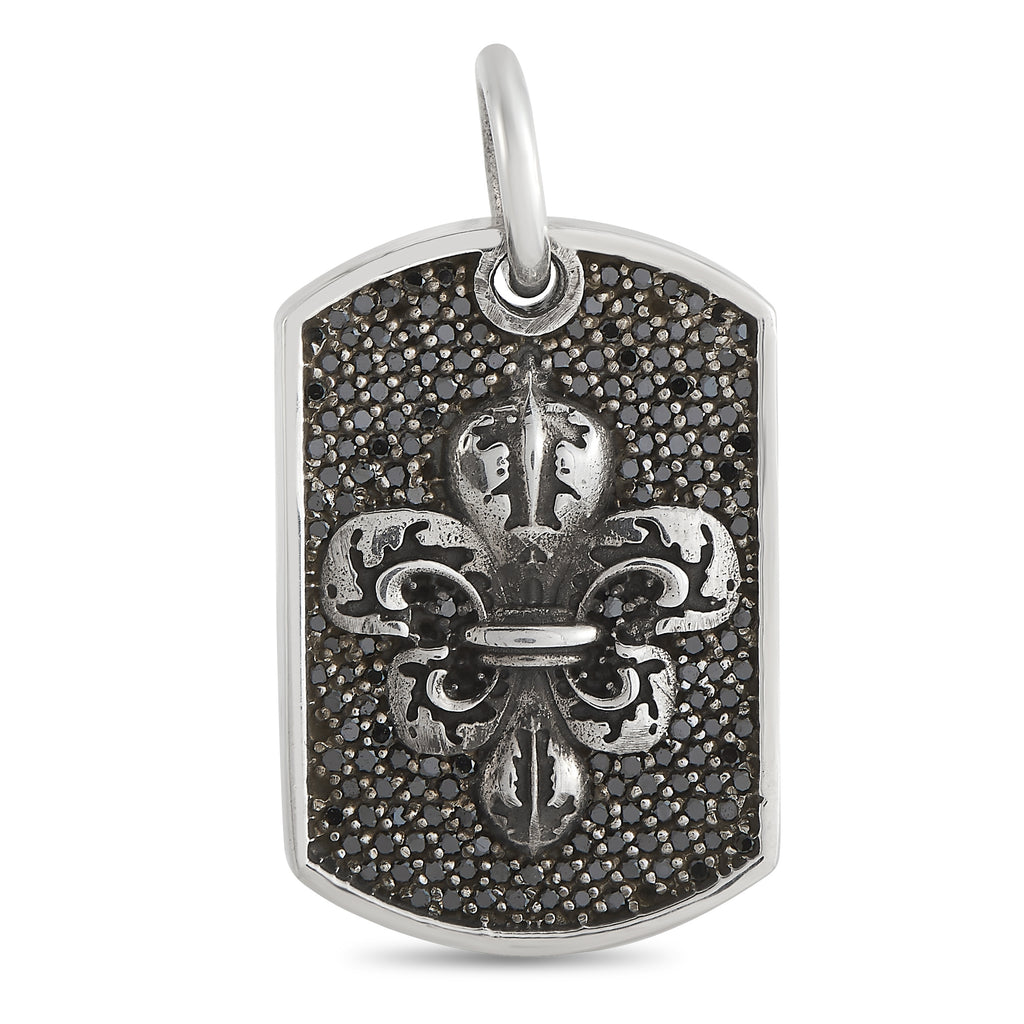 King Baby Silver and Black Diamond Fleur-de-Lis Relic Dog Tag Pendant