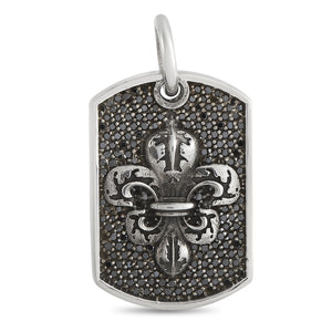 King Baby Silver and Black Diamond Fleur-de-Lis Relic Dog Tag Pendant